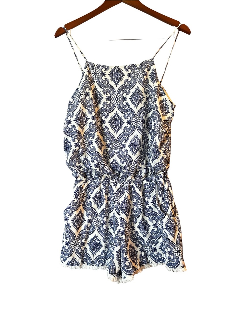 Bisou Bisou Blue and White Tile-Print Spaghetti Strap Romper